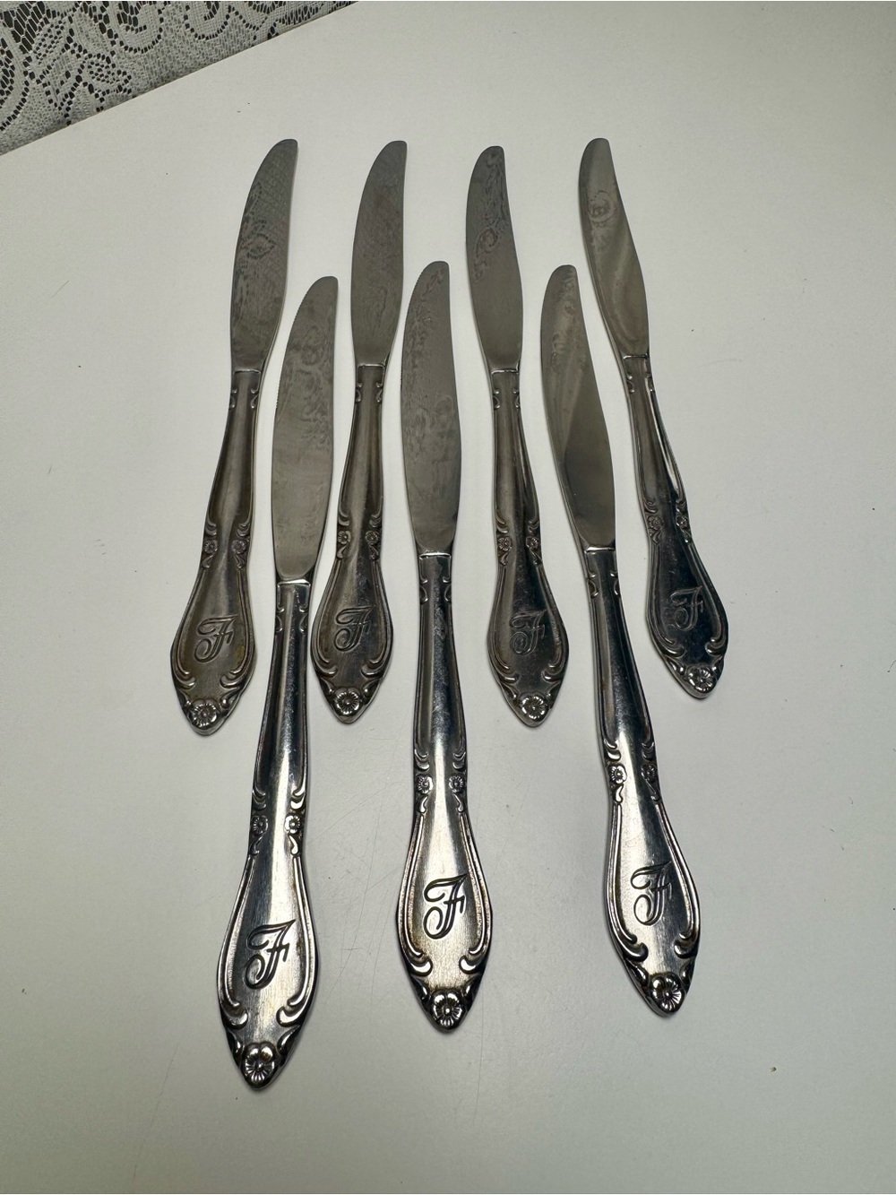 Vintage Customcraft Stainless Flatware Knives, Lot of 7 with Monogram “F”